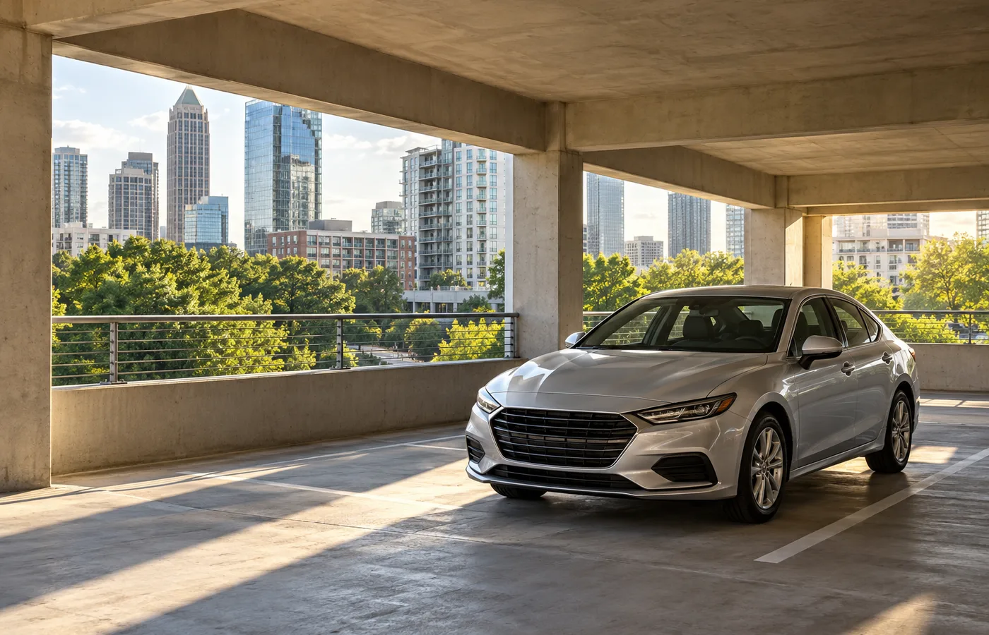 Representative Atlanta Georgia scene of a silver sedan in an open sided urban parking deck.