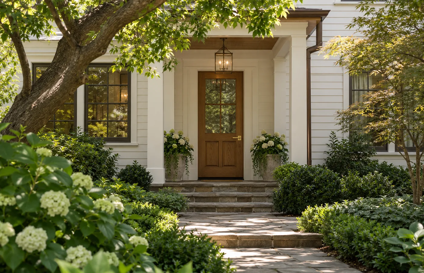 Representative Brookhaven Georgia timber residential front door reached by a leafy garden path.