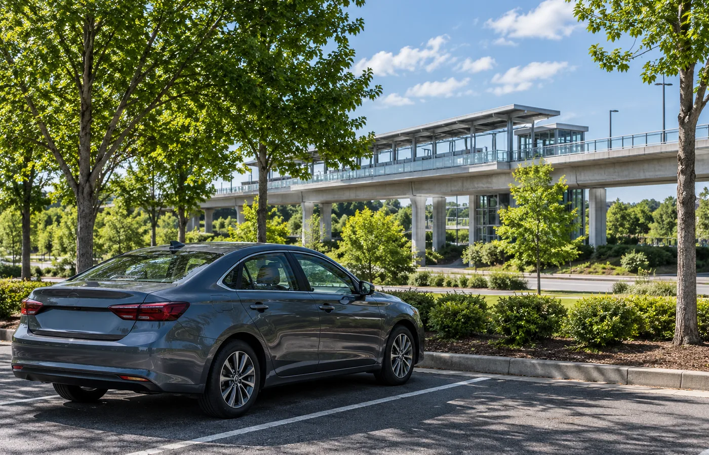 Representative Chamblee Georgia station area parking with a gray sedan and elevated rail structure.
