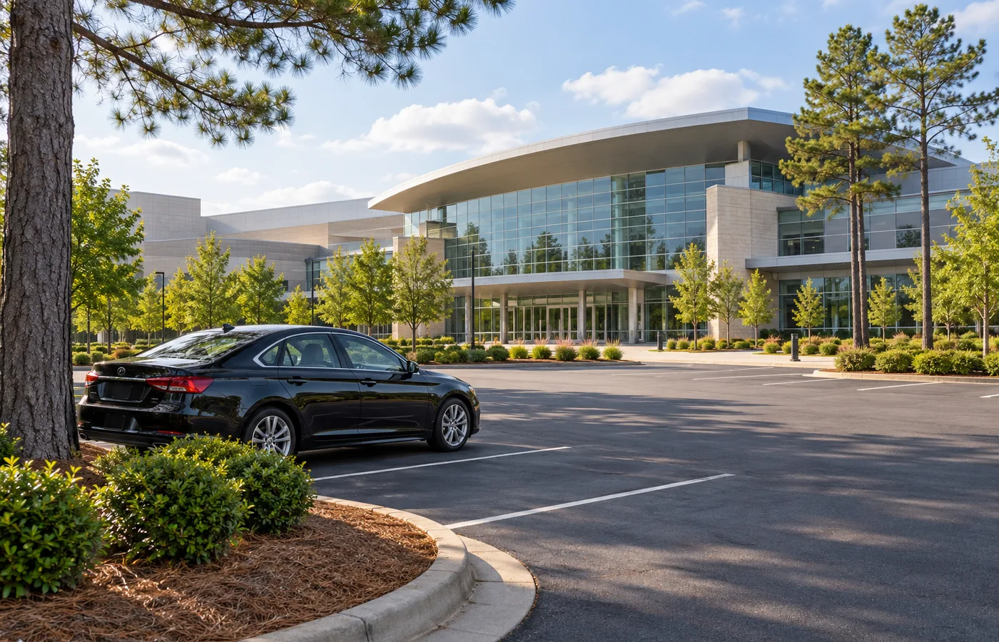 Representative College Park Georgia convention district parking lot with a black sedan.