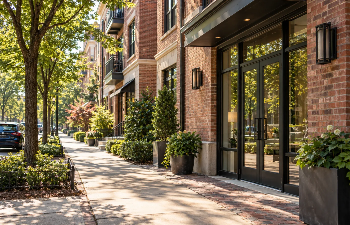 Representative Decatur Georgia brick mixed use building with private glass suite entrance and leafy sidewalk.