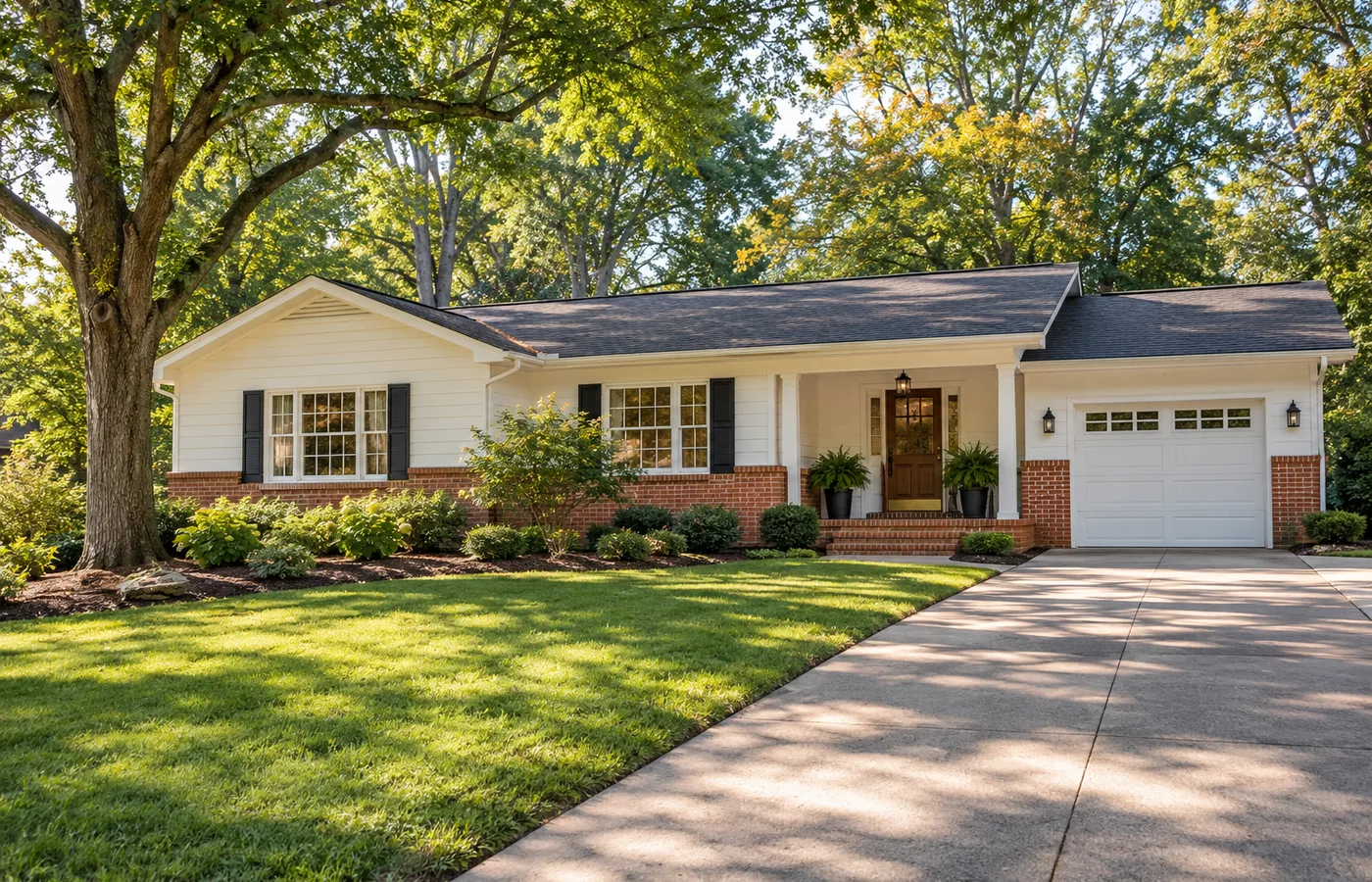 Representative Dunwoody Georgia ranch home with separate front porch entry and single garage.