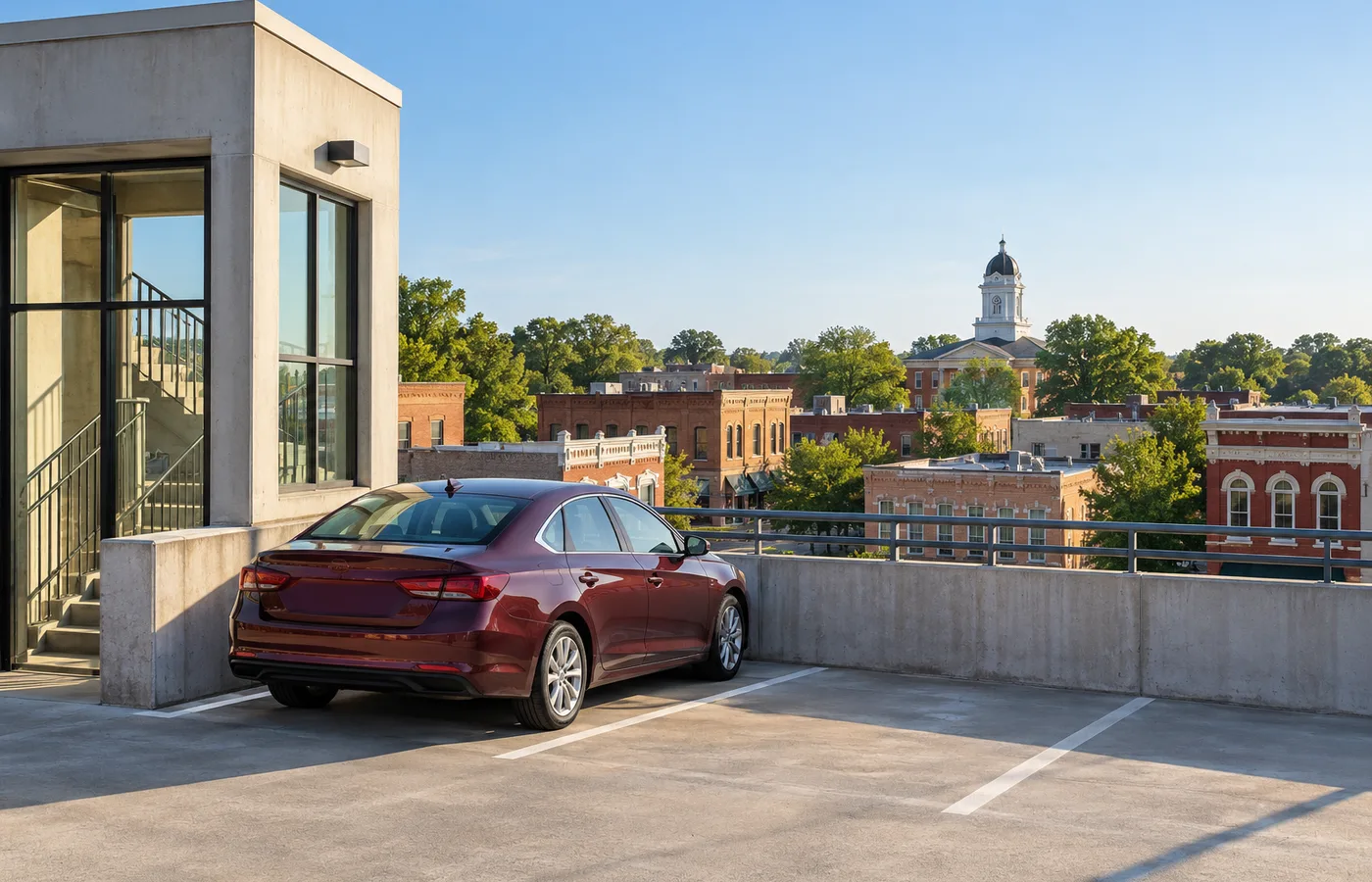 Representative Lawrenceville Georgia upper parking deck with a burgundy sedan and brick downtown buildings.