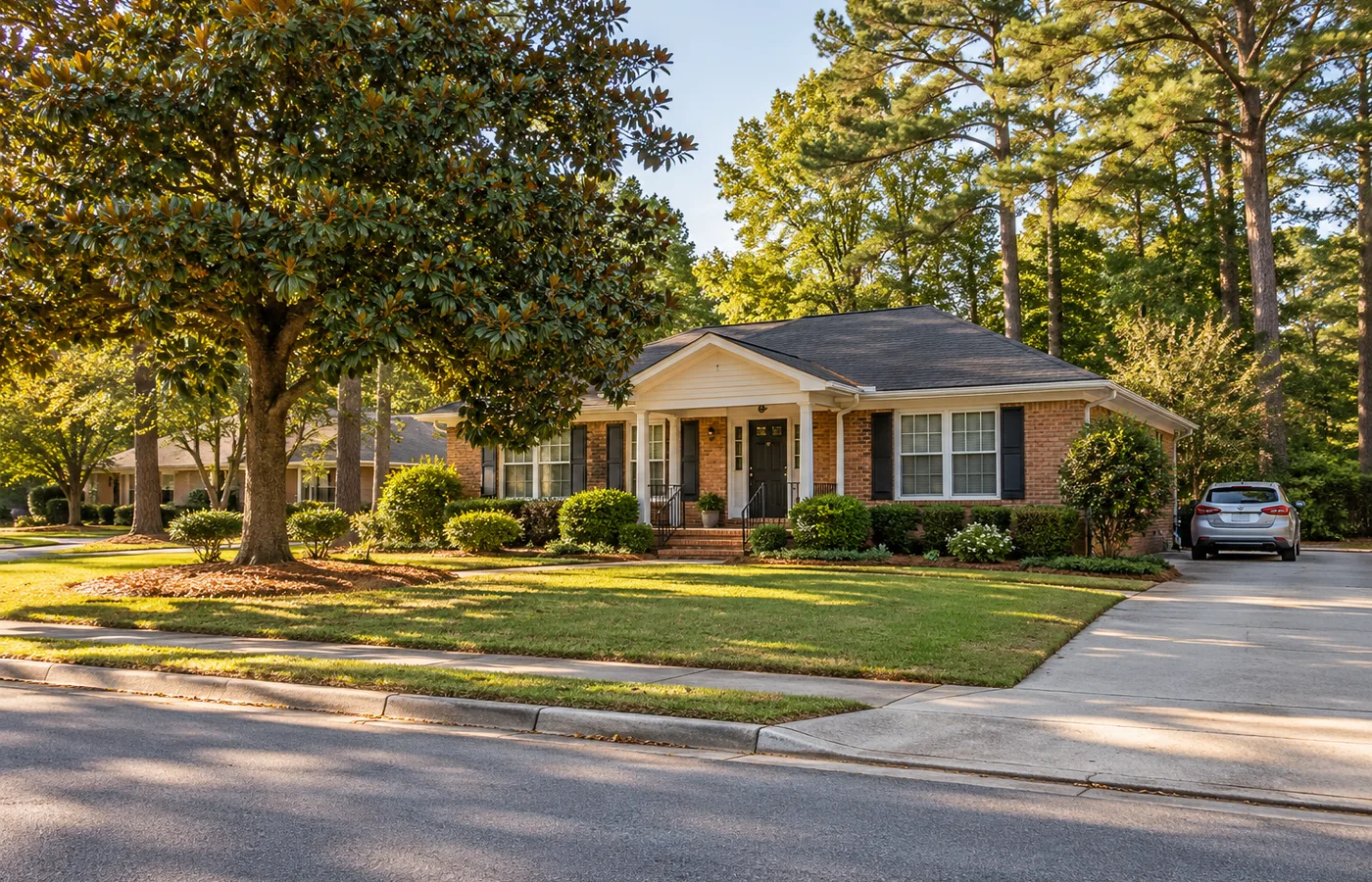 Representative Lithonia Georgia brick ranch house with covered entry and a driveway beside mature trees.