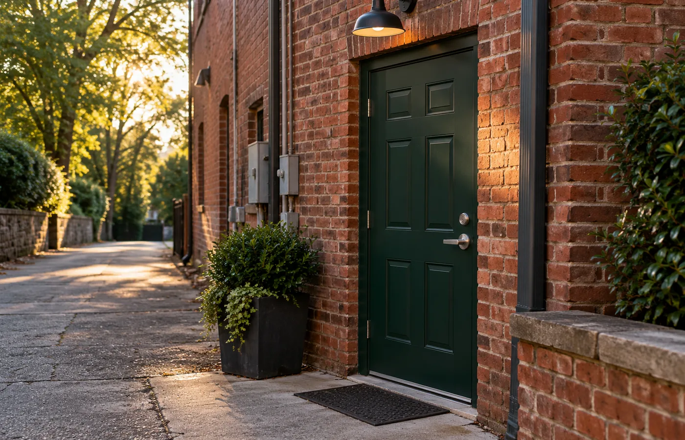 Representative Marietta Georgia brick rear entrance with a dark green door and lever lock.