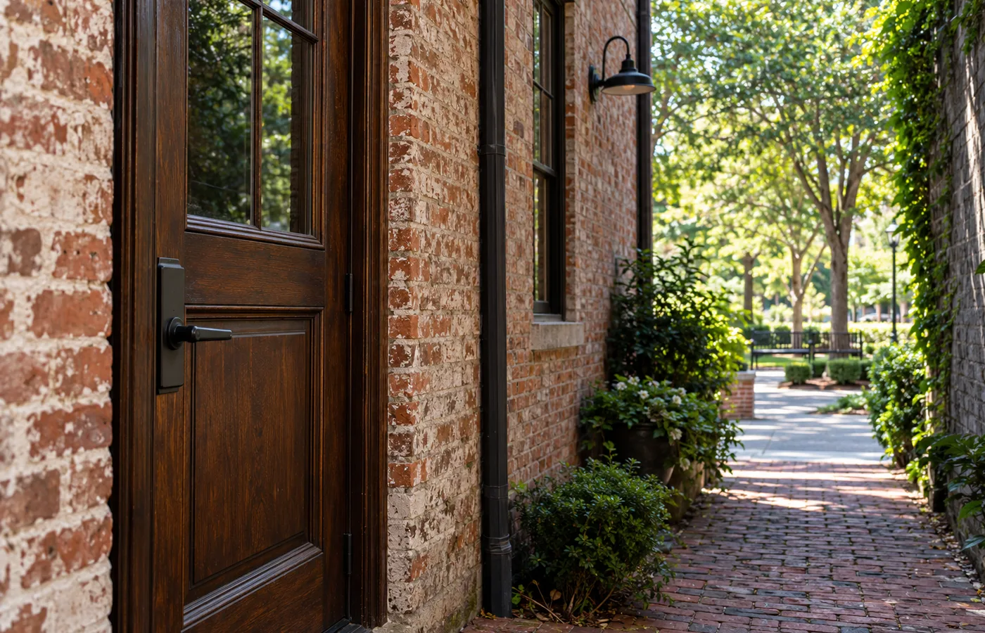 Representative Norcross Georgia timber side entrance with lever hardware and a leafy brick passage.