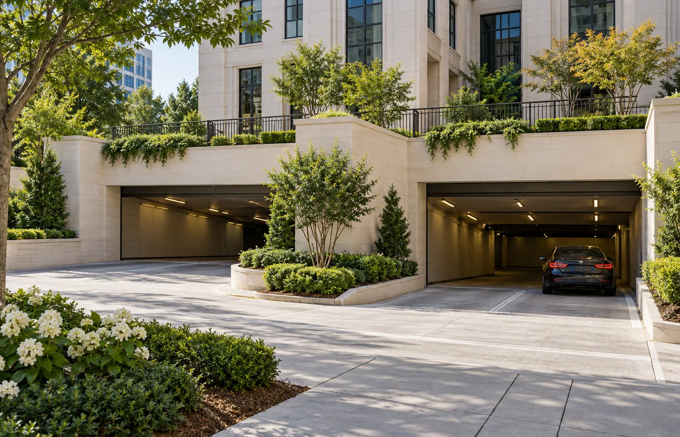 Representative Sandy Springs Georgia building with two separate underground parking entrances.