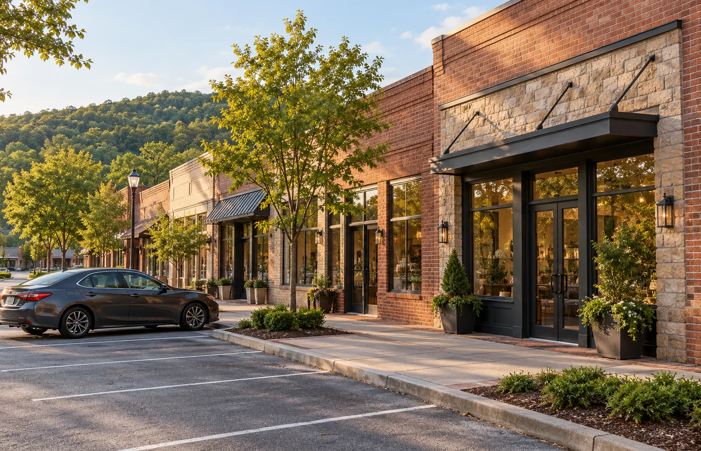 Representative Stone Mountain Georgia brick shopfronts beside a parking bay and a gray sedan.