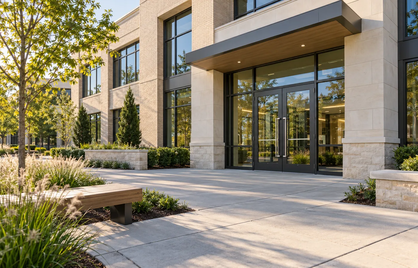Representative Sugar Hill Georgia contemporary office suite entrance with glass double doors.