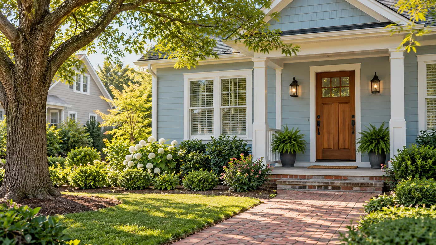 Representative neighborhood cottage with a private timber entrance door.