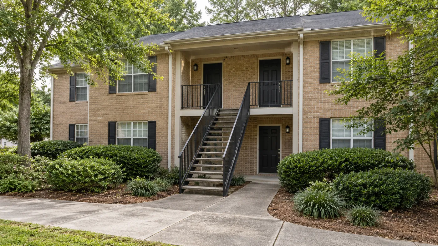 Representative apartment building with shared exterior stairs and private doors.