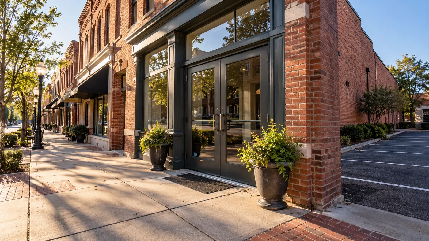 Representative downtown brick shop entrance beside a small parking area.