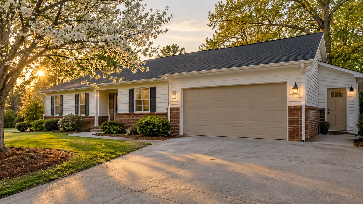 Representative ranch home with separate garage and mudroom entrances.