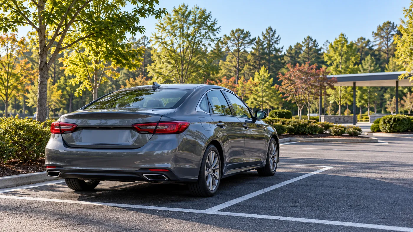 Representative sedan parked in a landscaped commuter-style surface lot.