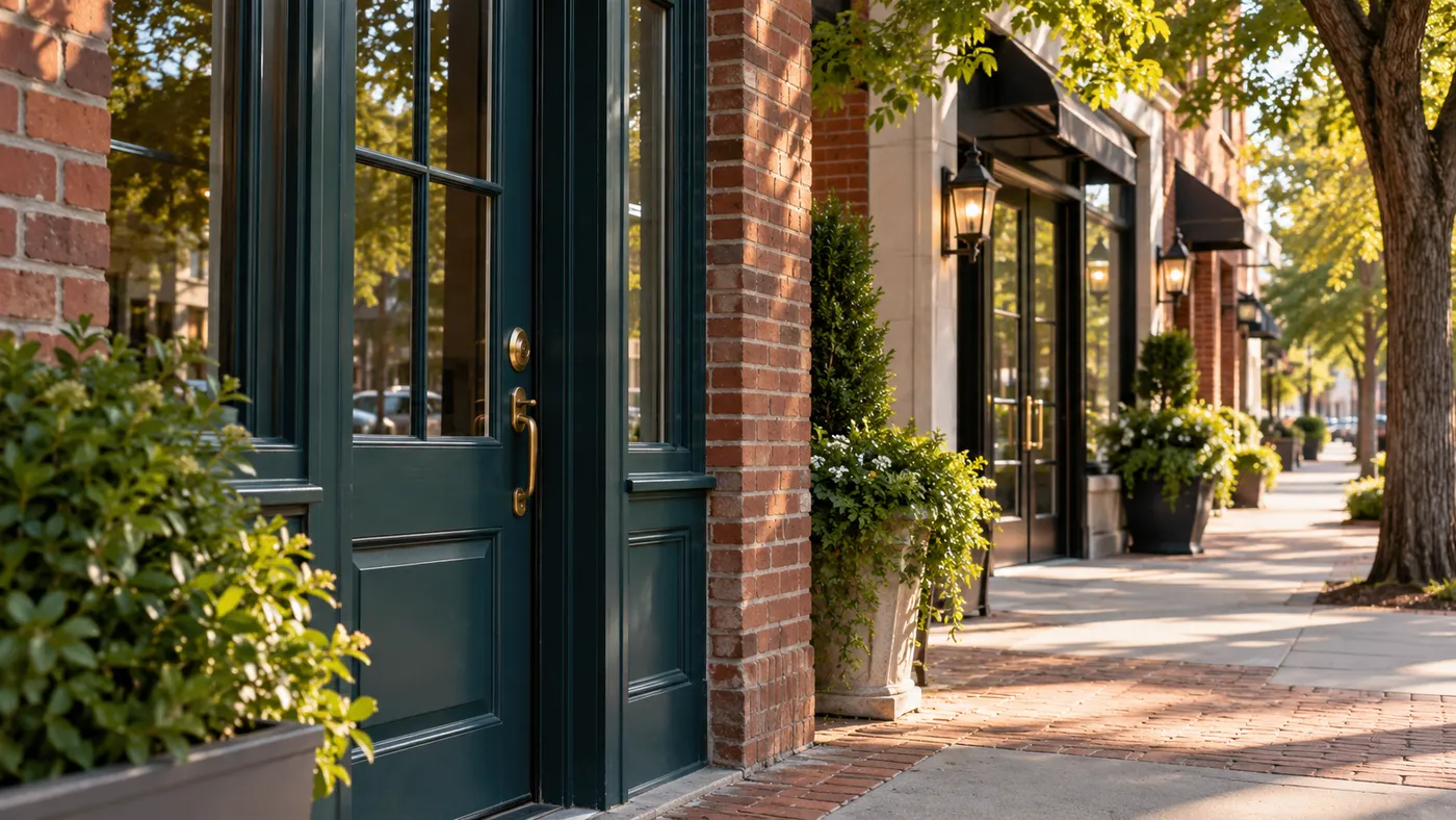 Representative brick retail entrances along a landscaped Georgia sidewalk.