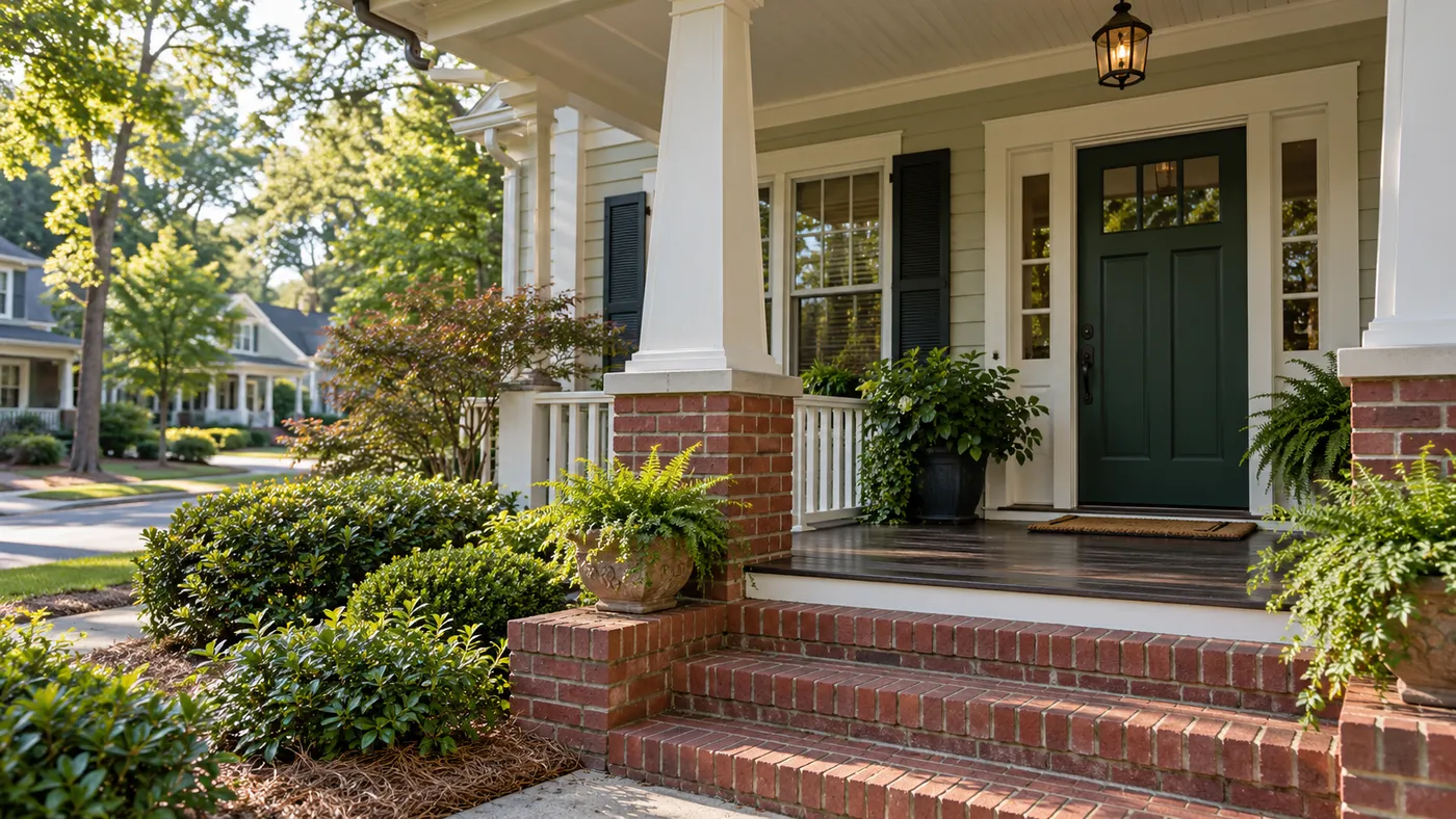 Representative craftsman front porch with a keyed green entrance door.