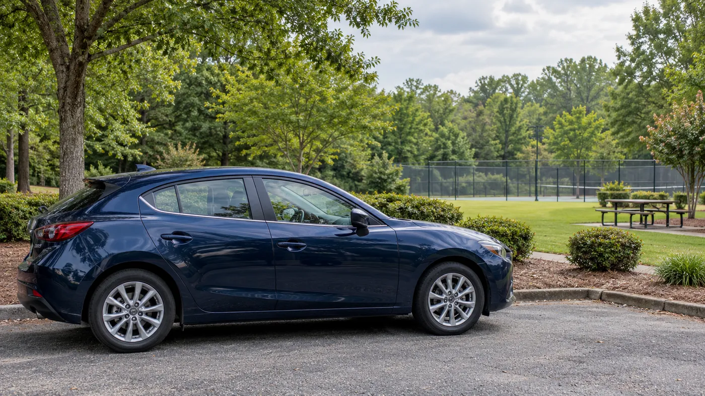 Representative hatchback parked beside a leafy neighborhood recreation area.