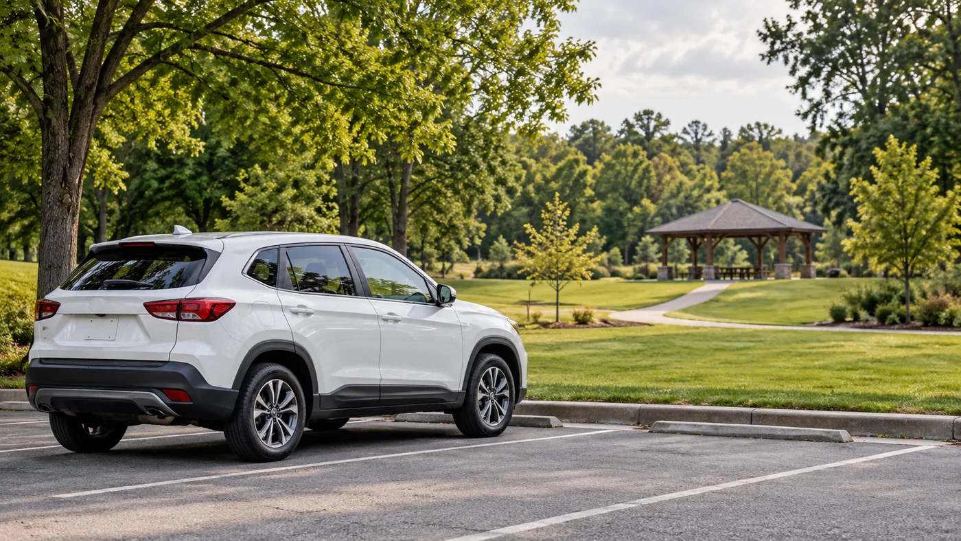 Representative SUV in a paved park lot beside a pedestrian path to a pavilion.