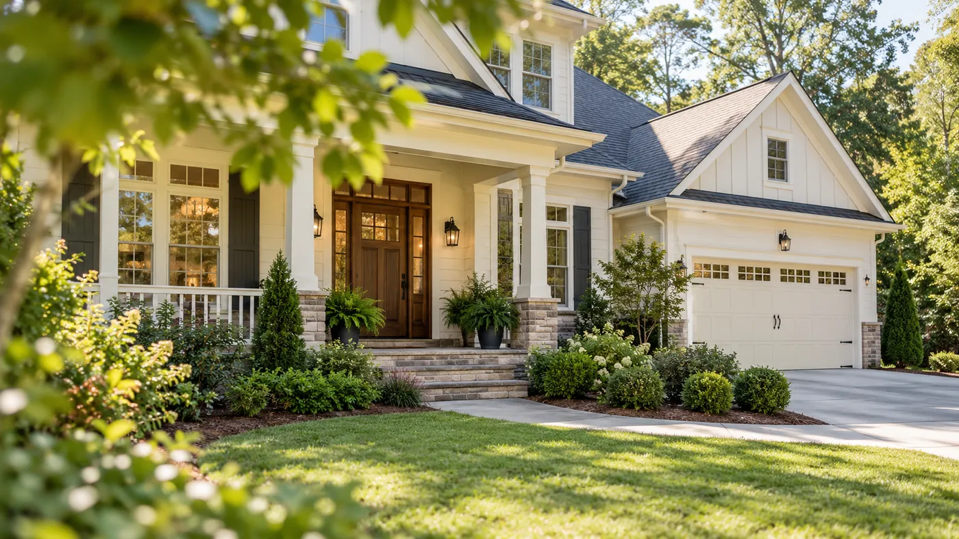 Representative suburban front porch and separate closed garage.