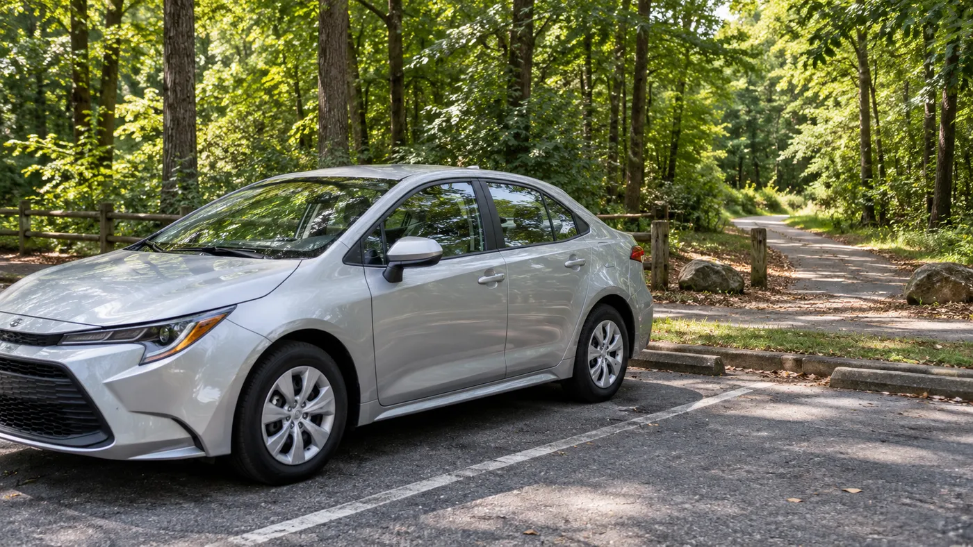 Representative car parked beside a wooded walking-trail entrance.