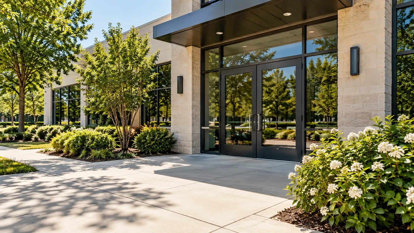 Representative glass office entrance with landscaped walkway.