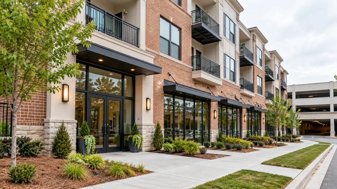 Representative mixed-use building with separate residential and retail entrances.