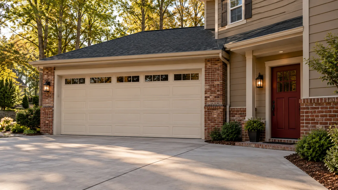 Representative home driveway with separate garage and side-door entrances.