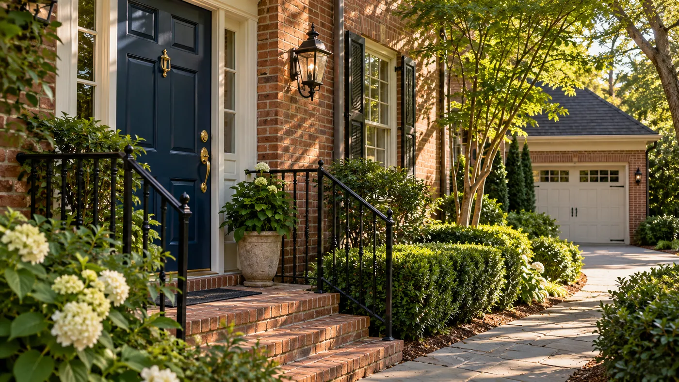 Representative brick townhouse entrance with a private path and separate garage.